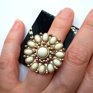 Adjustable mandala ring chunky gold and ivory flower boho jewelry
